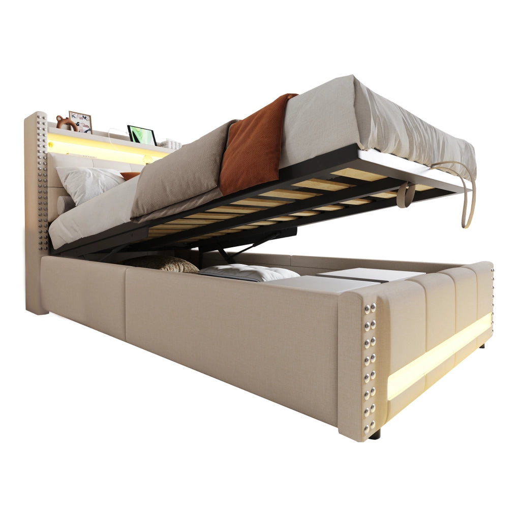 Letto singolo imbottito 90x200 cm con LED, USB e vano contenitore