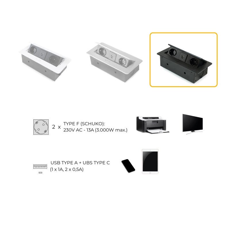 Multiconnettore da tavolo Atom 26 Lite, 225x111 mm, 2 prese Schuko, 1 USB Tipo A, 1 USB Tipo C, Zama-Acciaio-Plastica,..