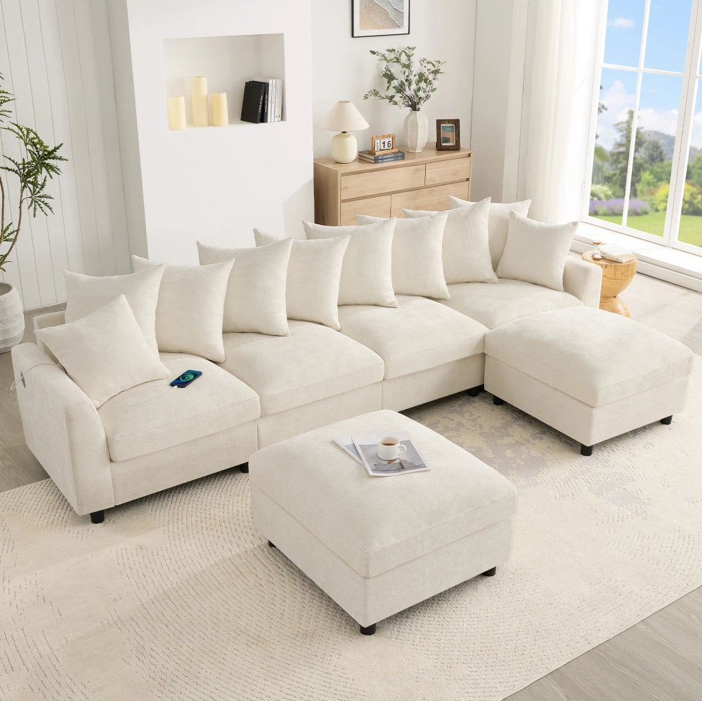 Sofa modulare angolare 6 posti in tessuto chenille beige con USB e Type-C; 283 cm