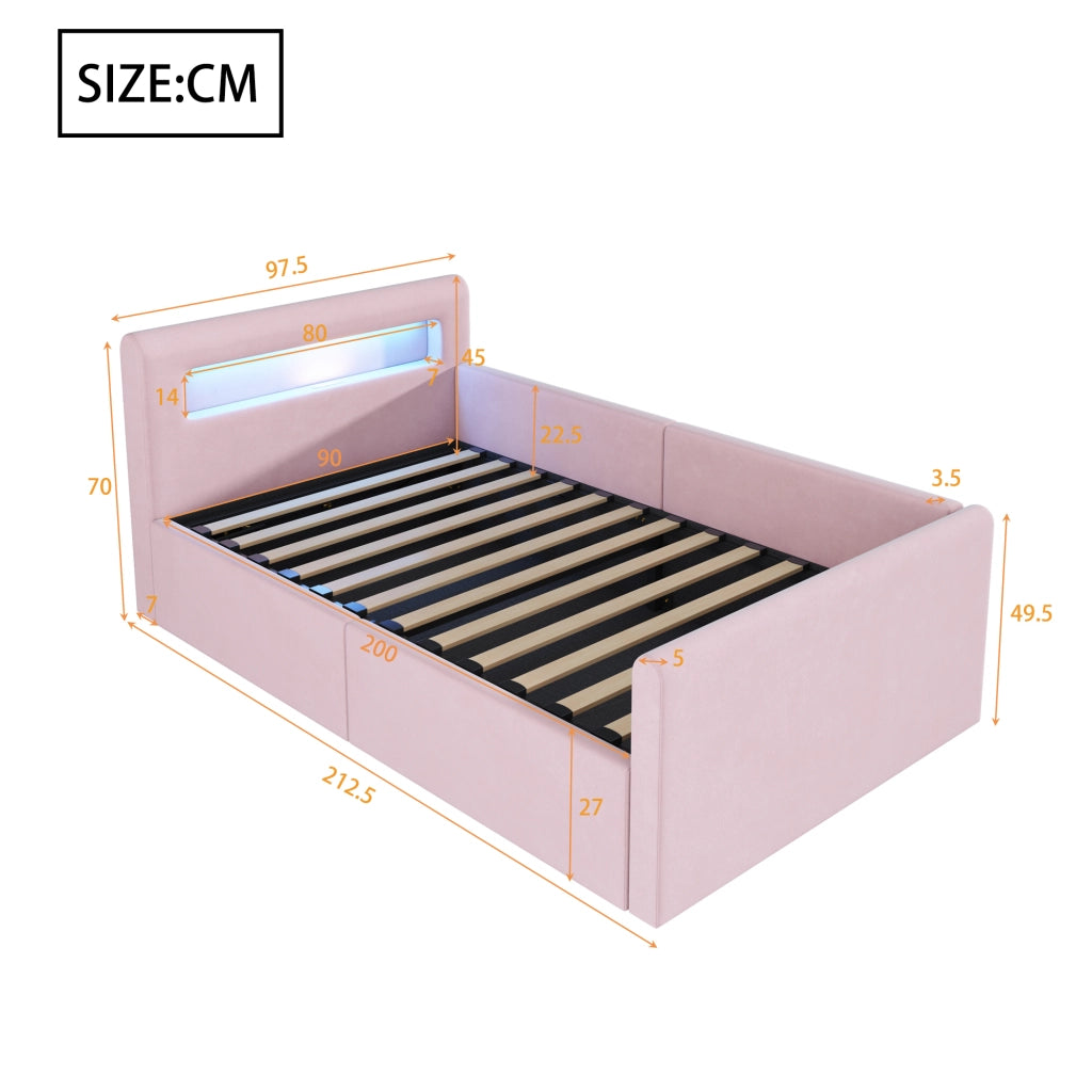 LETTO imbottito bambini 90x200 cm in velluto rosa con LED, USB e contenitore