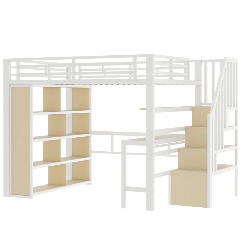 Hochbett 140x200 cm con scrivania; ripiani e LED; in metallo e MDF; bianco