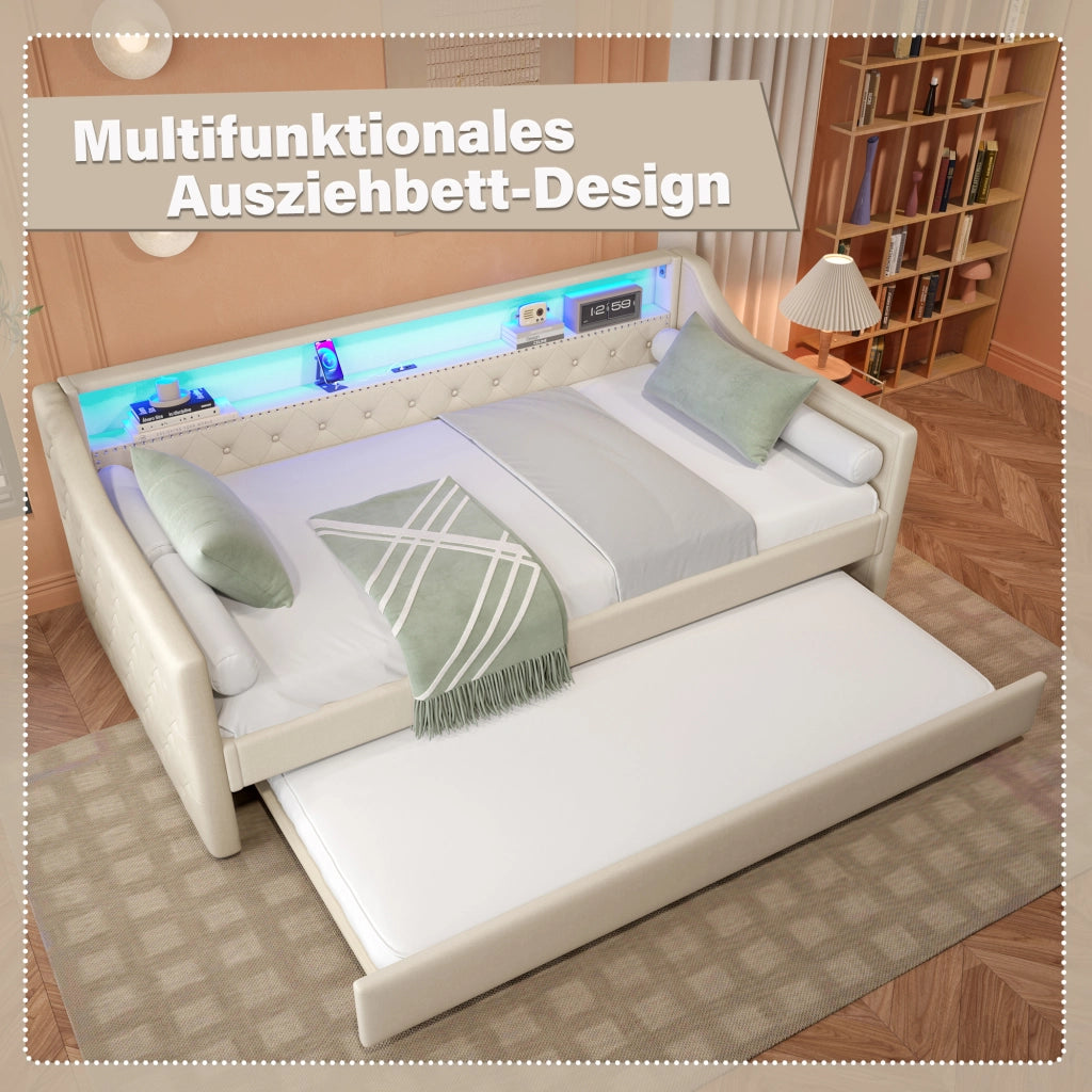 LETTO Divano letto estraibile 90x200 cm Lino Beige con LED e USB