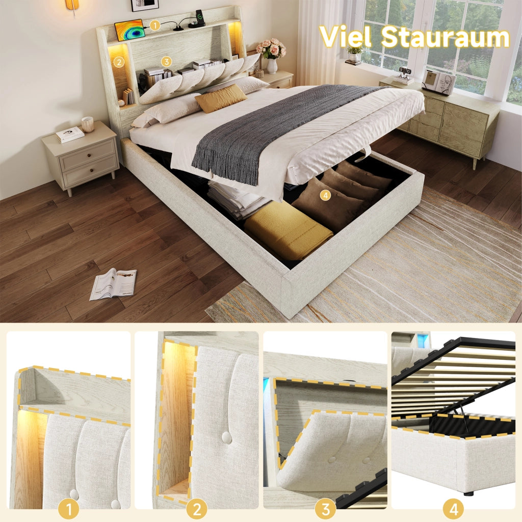 LETTO imbottito 90x200 cm Beige in lino e MDF con USB, LED e vano contenitore