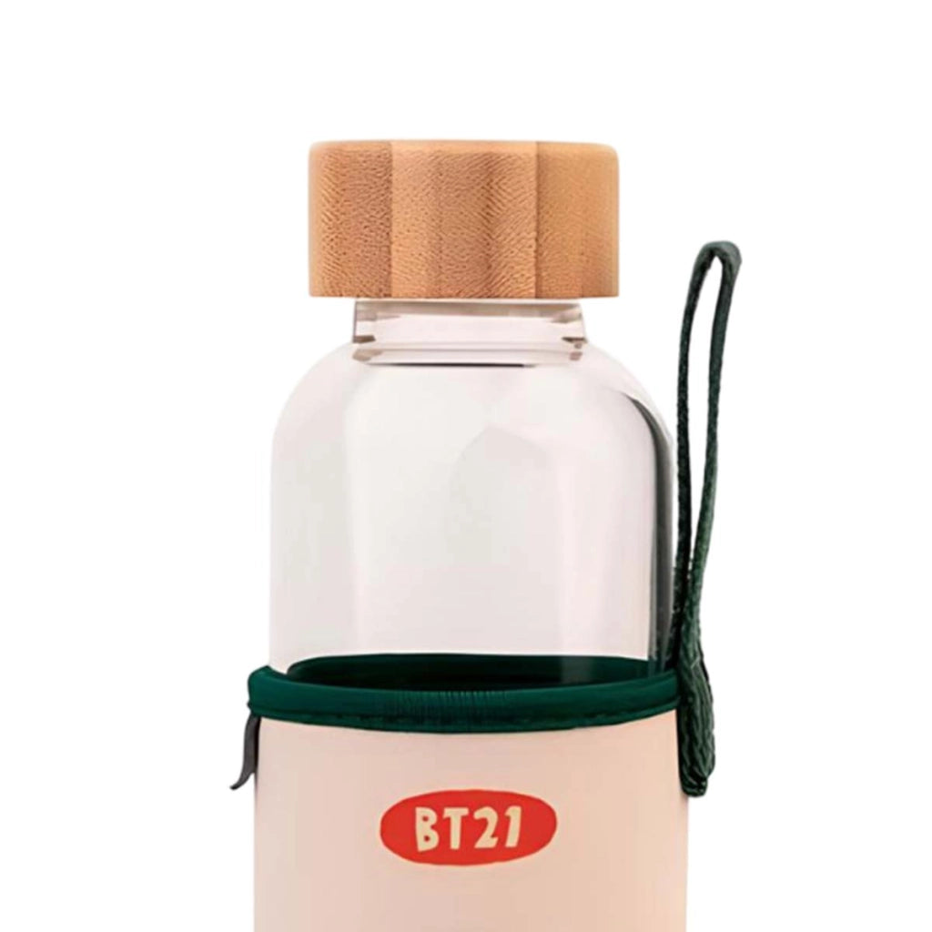 Borraccia in vetro riutilizzabile da 500 ml con motivo TATA e custodia Bianco / Verde Line Friends BT21