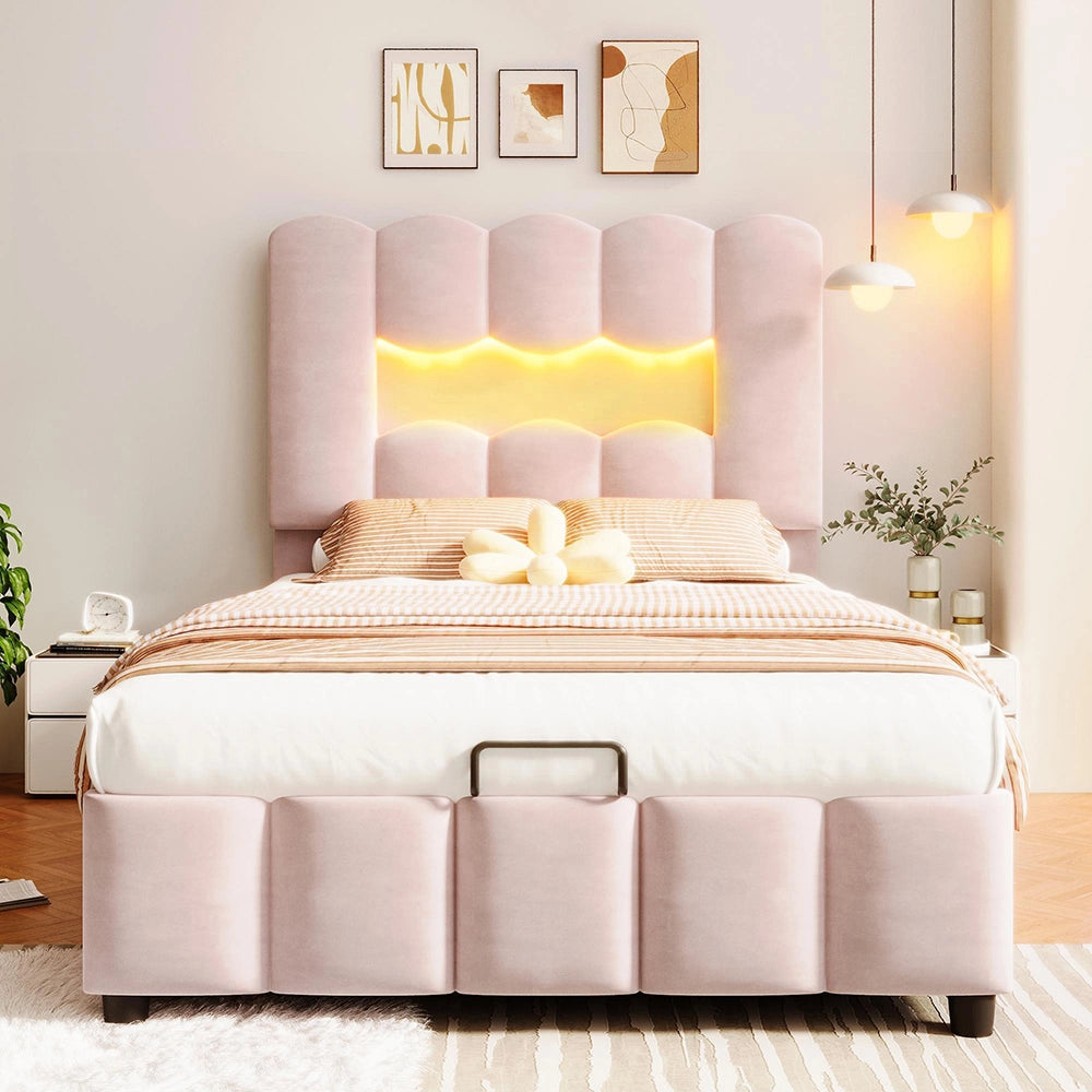 Letto 90x200cm?- Xylo - idraulico LED velluto rosa