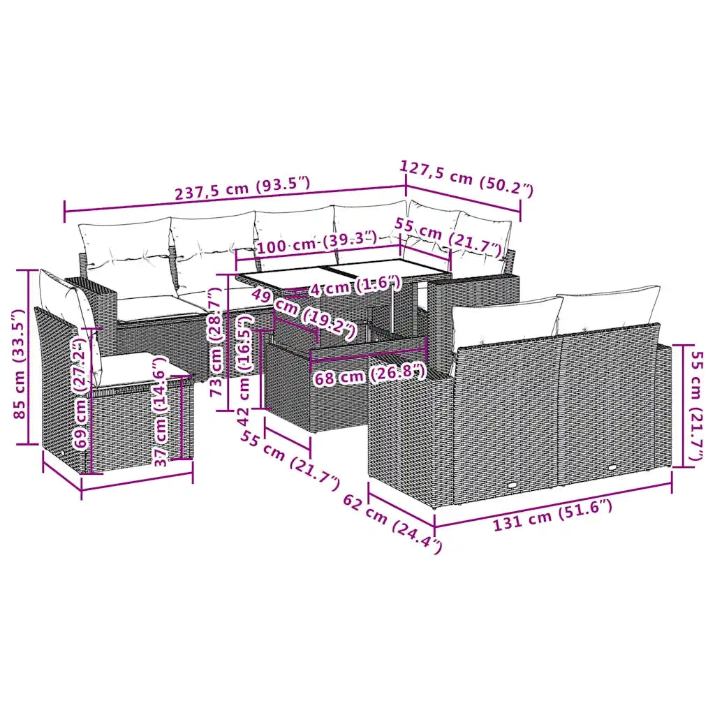 Set Divani da Giardino 9 pz con Cuscini Grigio in Polyrattan 3267411