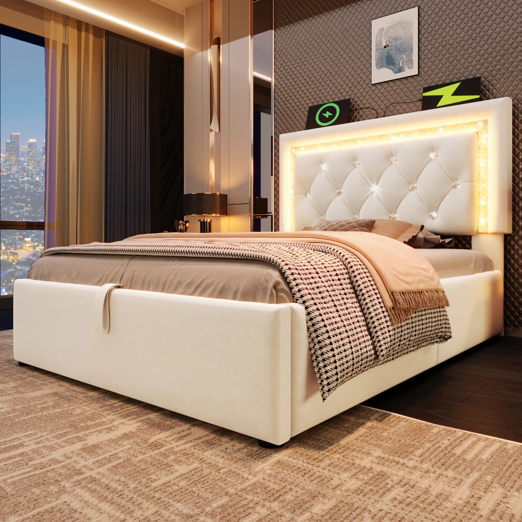 LETTO imbottito 90x200 cm in velluto beige con LED, USB e contenitore