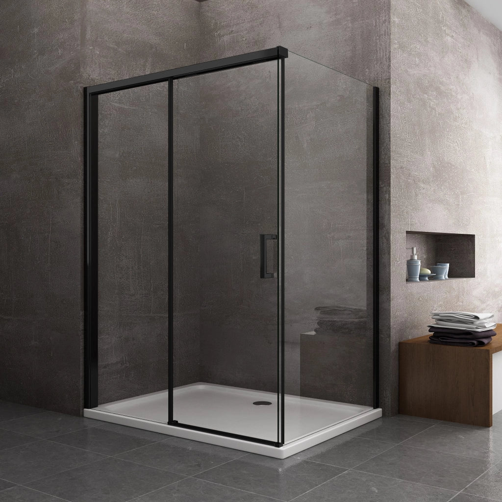 Box Doccia Ad Angolo Con Parete Fissa Laterale e Porta Frontale Con Chiusura Soft Close Ammortizzata H 200 8 MM Telaio Nero Opaco Cm 120 (118-120) x 170 (167-170)