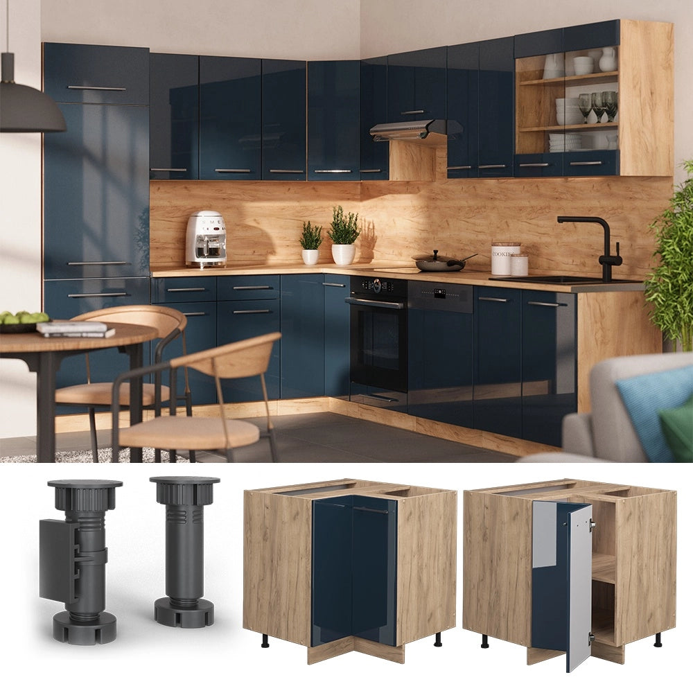 Mobile ad angolo cucina Fame-Line Blu scuro lucido/Rovere dorato 80.5 cm, PL Marmo Vicco