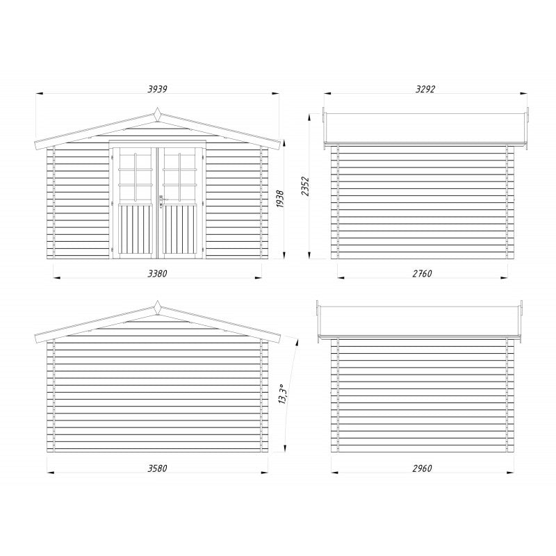 Casetta in legno da giardino 358x296 cm impregnato autoclave 28 mm, porta doppia con vetro e serratura, deposito esterno - Esterni da Vivere