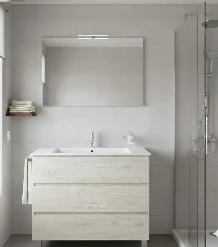 Mobile Bagno BALDER Già Montato 3 cassetti con piedini, lavabo e specchio Bianco nordico 120x45 cm doppio lavabo