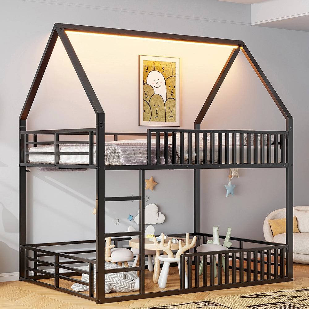 Letto a castello a casetta 140x200cm - Xylo - nero, LED, parapetti