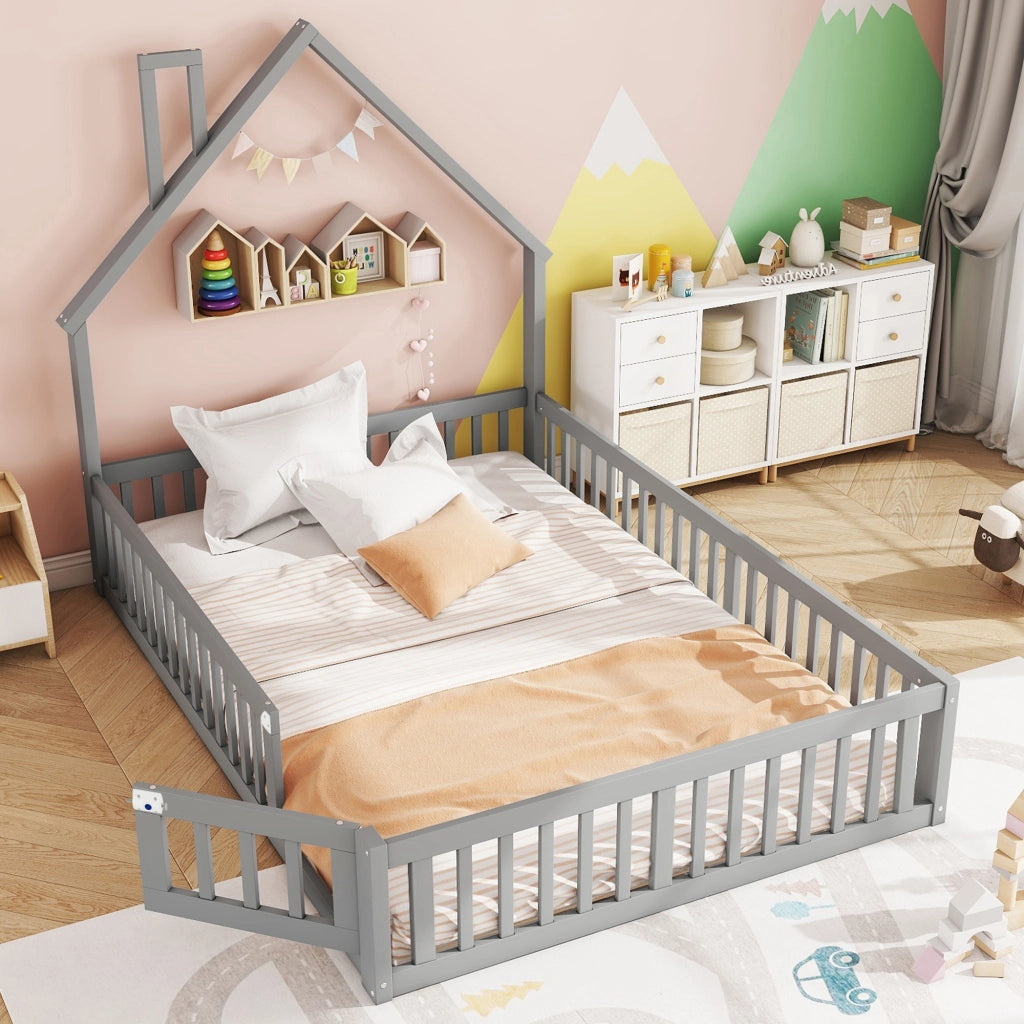 Letto per bambini 140 x 190 cm con forma camino, rete a doghe, grigio