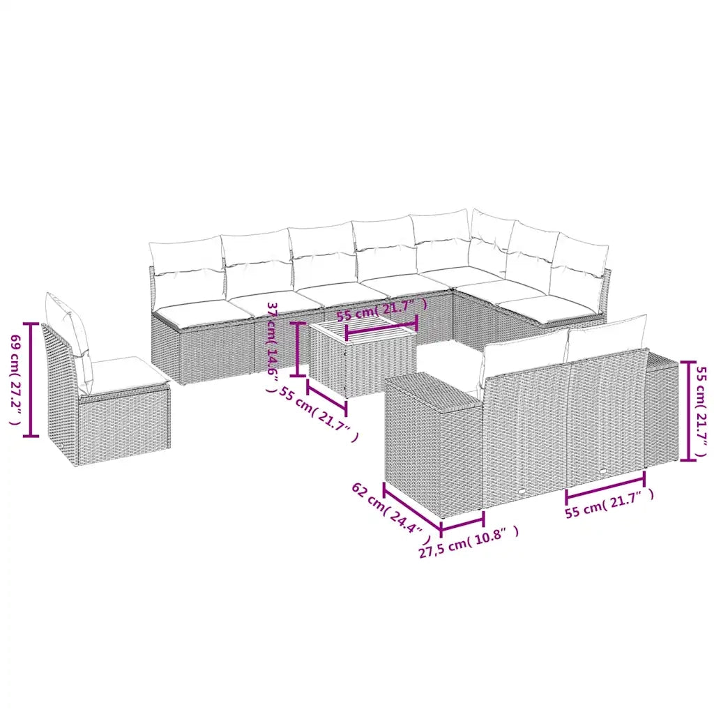 Set Divani da Giardino 11 pz con Cuscini in Polyrattan Nero 3257826