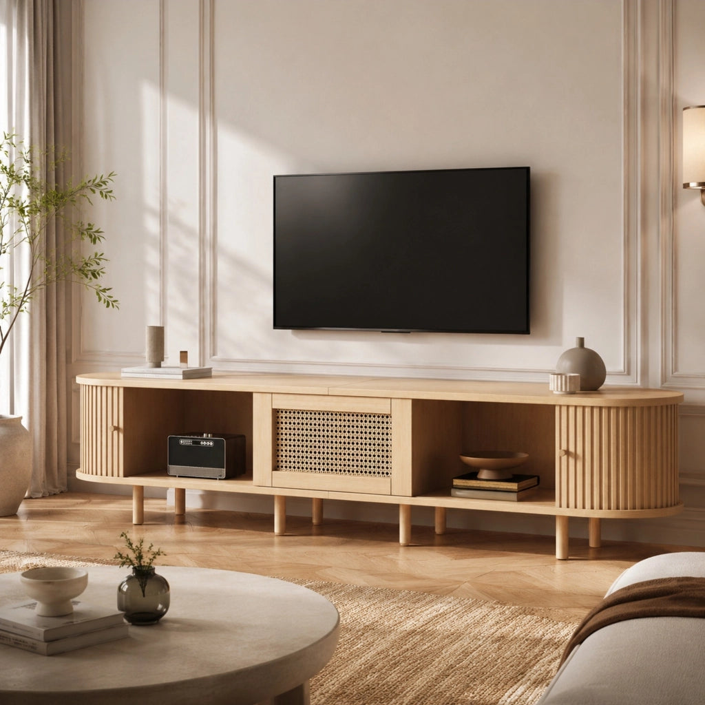 Mobile TV con 2 ante scorrevoli; cassetto e piano ovale in MDF naturale per soggiorno 180 × 40 × 40 cm
