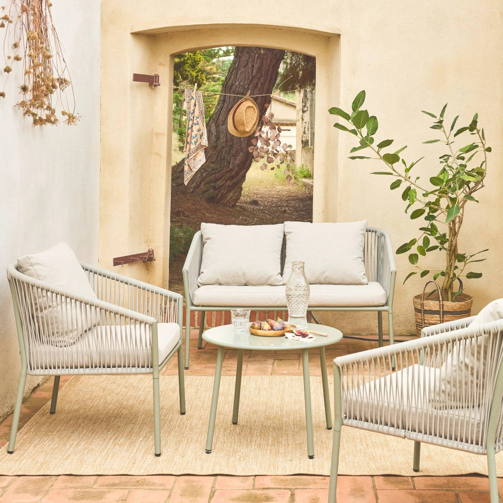 Salotto da giardino in acciaio e corde in resina, 4 posti, beige