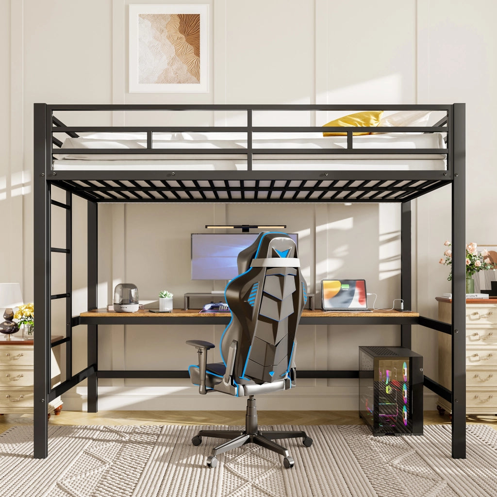 Letto a Soppalco con LED e USB ¨C MINIMAL ¨C Metallo Nero 90x200 cm