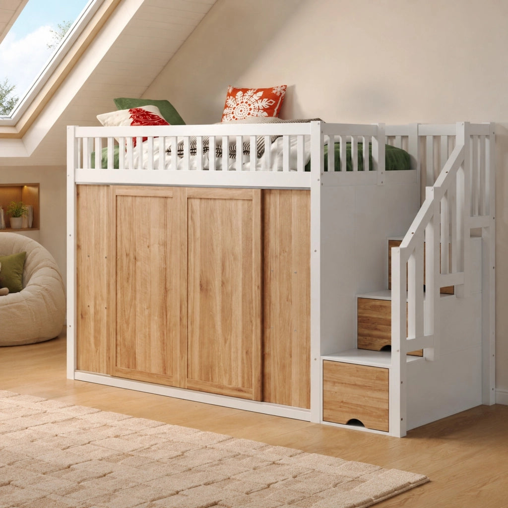 LETTO a soppalco 90x200 cm con armadio e scala, Bianco e Rovere