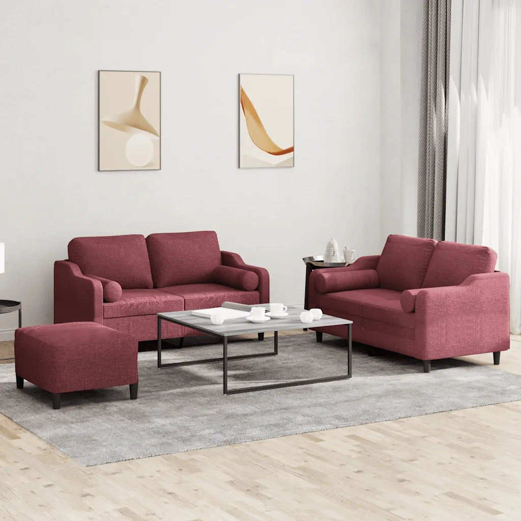 Set di Divani 3 pz con Cuscini Rosso Vino in Tessuto 3201832