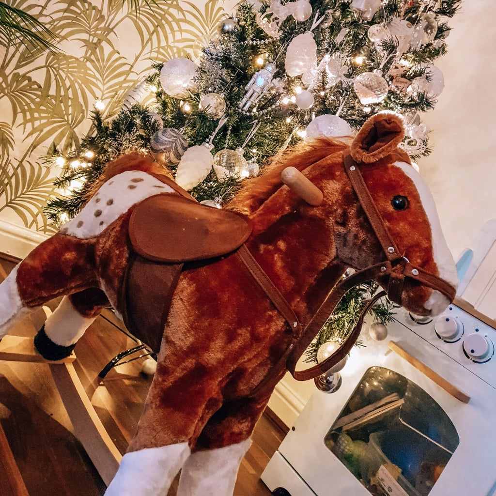 EasyComfort Cavallo a Dondolo in Legno con Suono Animale Regalo Giocattolo per i Bambini, 74 x 28 x 65 cm, Marrone