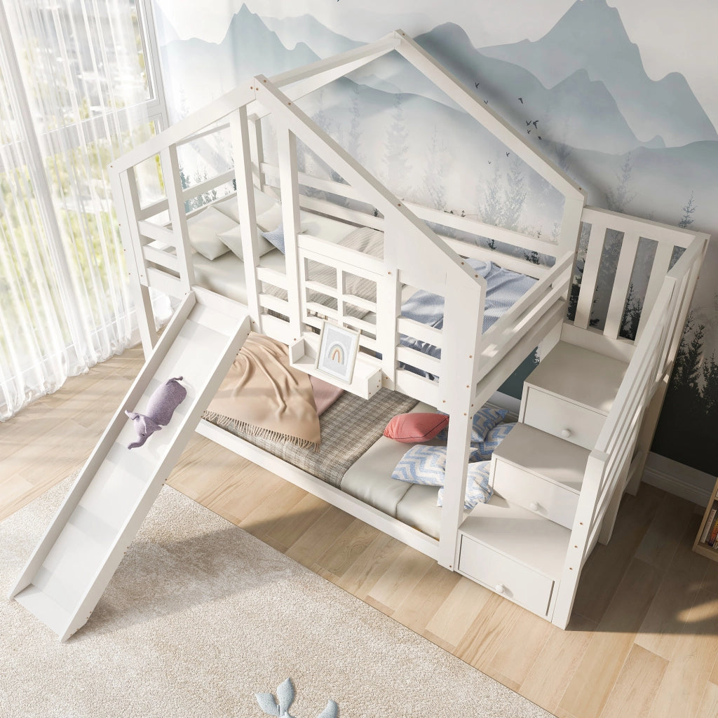 LETTO a castello casetta 90x200 cm bianco con scivolo