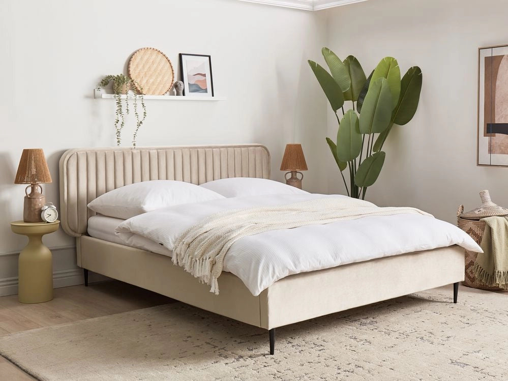 Letto matrimoniale UE tortora Rivestimento in velluto 160 x 200 cm Telaio Poggiatesta Gambe in metallo Design moderno Camera da letto