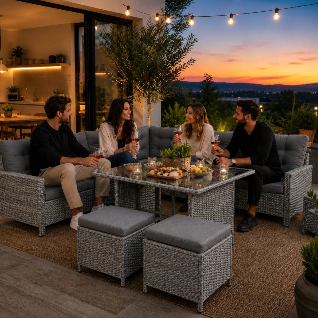 Salotto Da Giardino In Polyrattan Angolare Con Due Pouf Tavolino Con Doppio Ripiano In Vetro E Morbidi Cuscini Arredo Moderno Per Patio Balcone Veranda Piscina E Outdoor Grigio