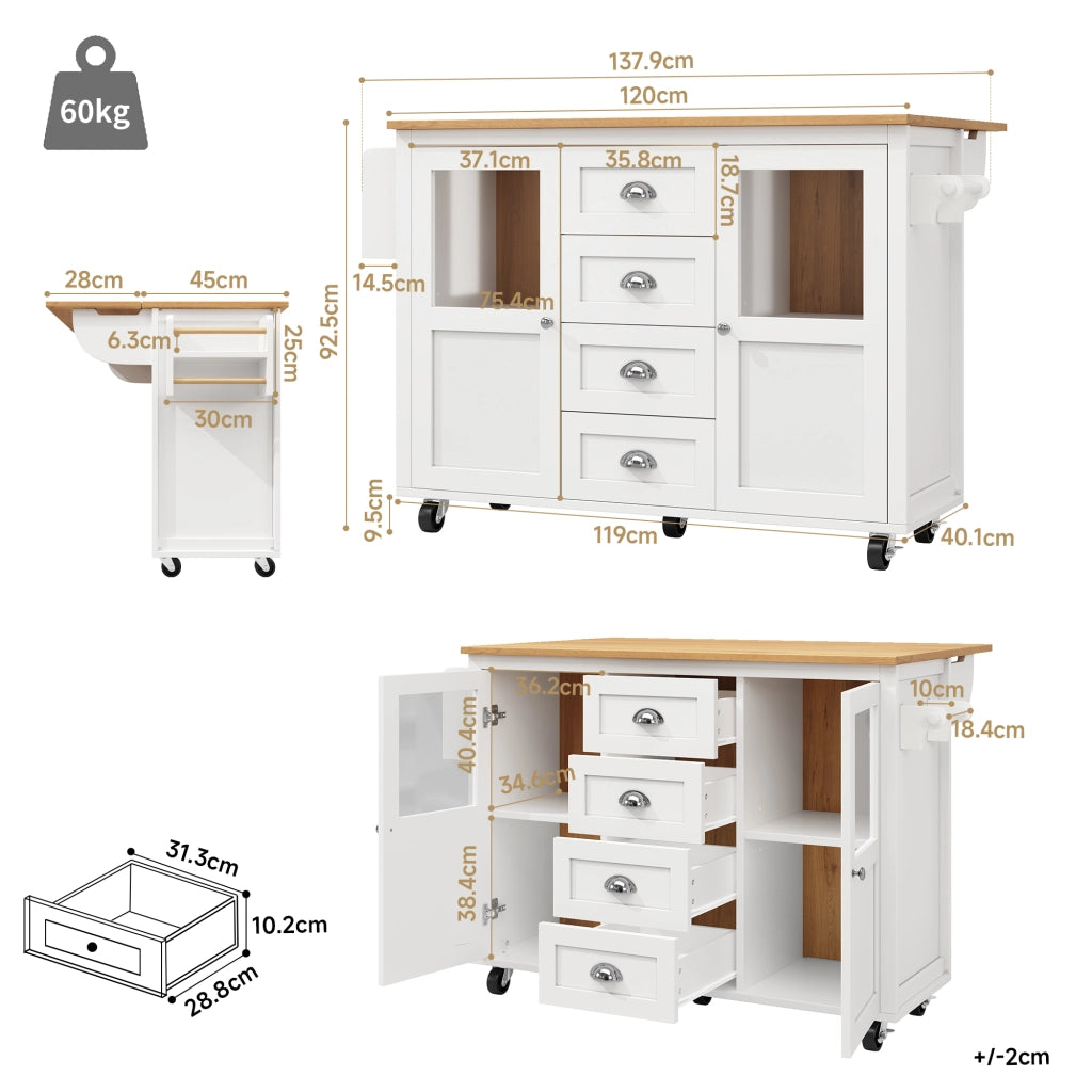 Isola della cucina mobile - Zephmum- 120x73x93 cm, bianco/nero, estraibile con ruote