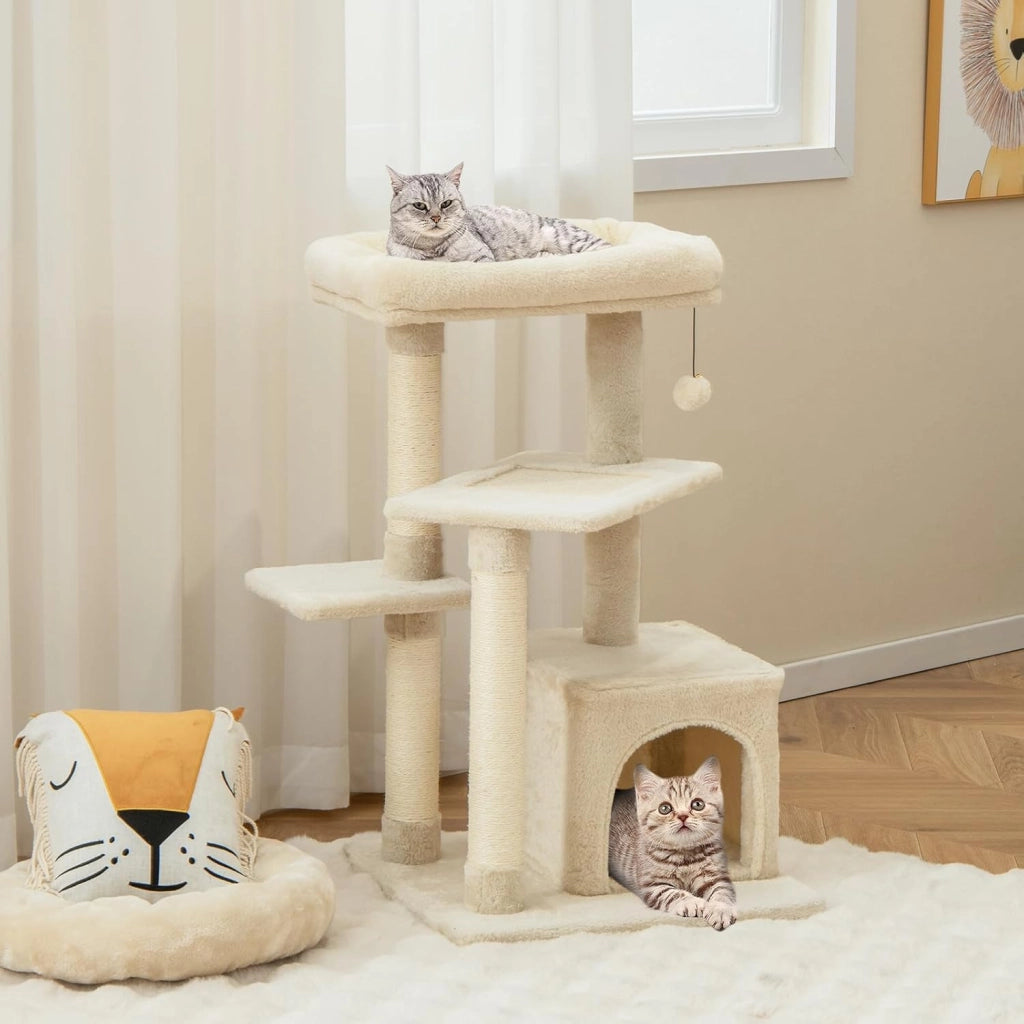 Albero per Gatti a 4 Piani, Torre con Tiragraffi, Nicchia per Gatti, Pallina di Peluche con Sonagli, Piattaforma per Saltare, Albero Tiragraffi per Animali Domestici (Beige)