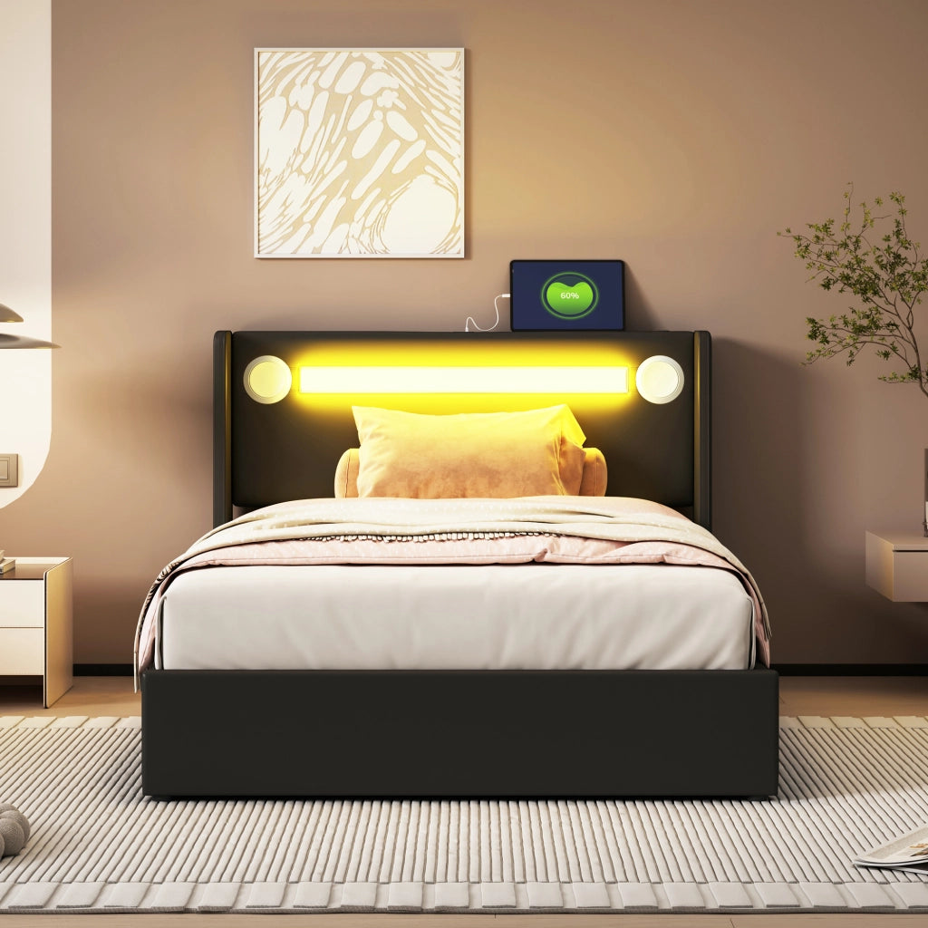 LETTO Bambini 90x200 cm in PU Nero con LED, Bluetooth e USB