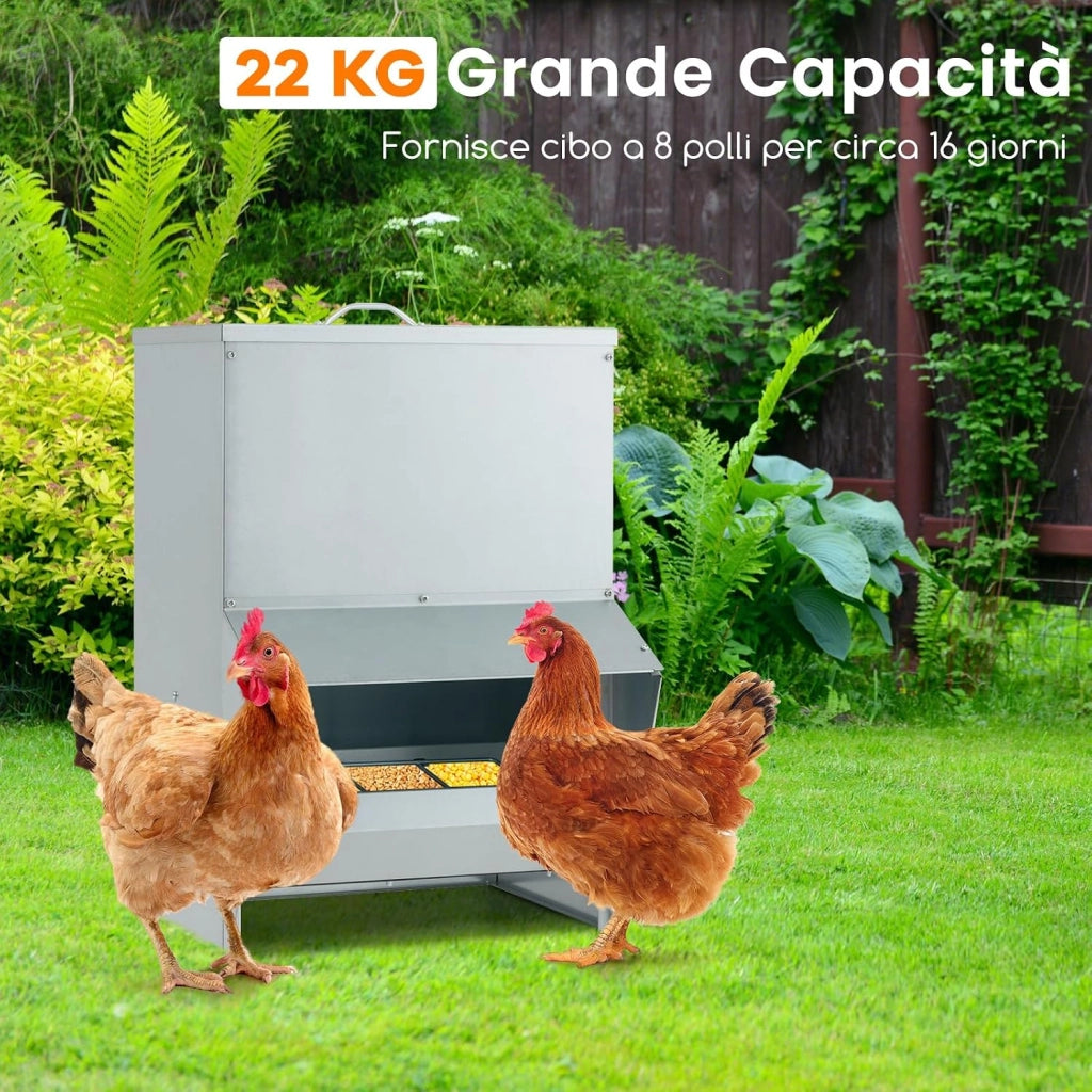 Mangiatore per Galline da 22kg in Acciaio Zincato, Mangiatoia Automatica a Muro con Coperchio, Forniture Agricole per Polli, Anatre, Tacchini e Oche, 35 x 35 x 55 cm