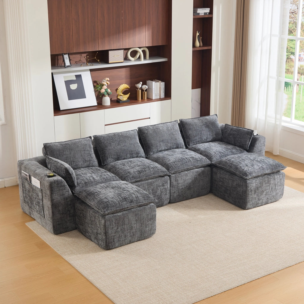 Divano 4 Posti con Poggiapiedi, Cuscini e Portabicchieri ¨C MINIMAL ¨C Grigio Chenille