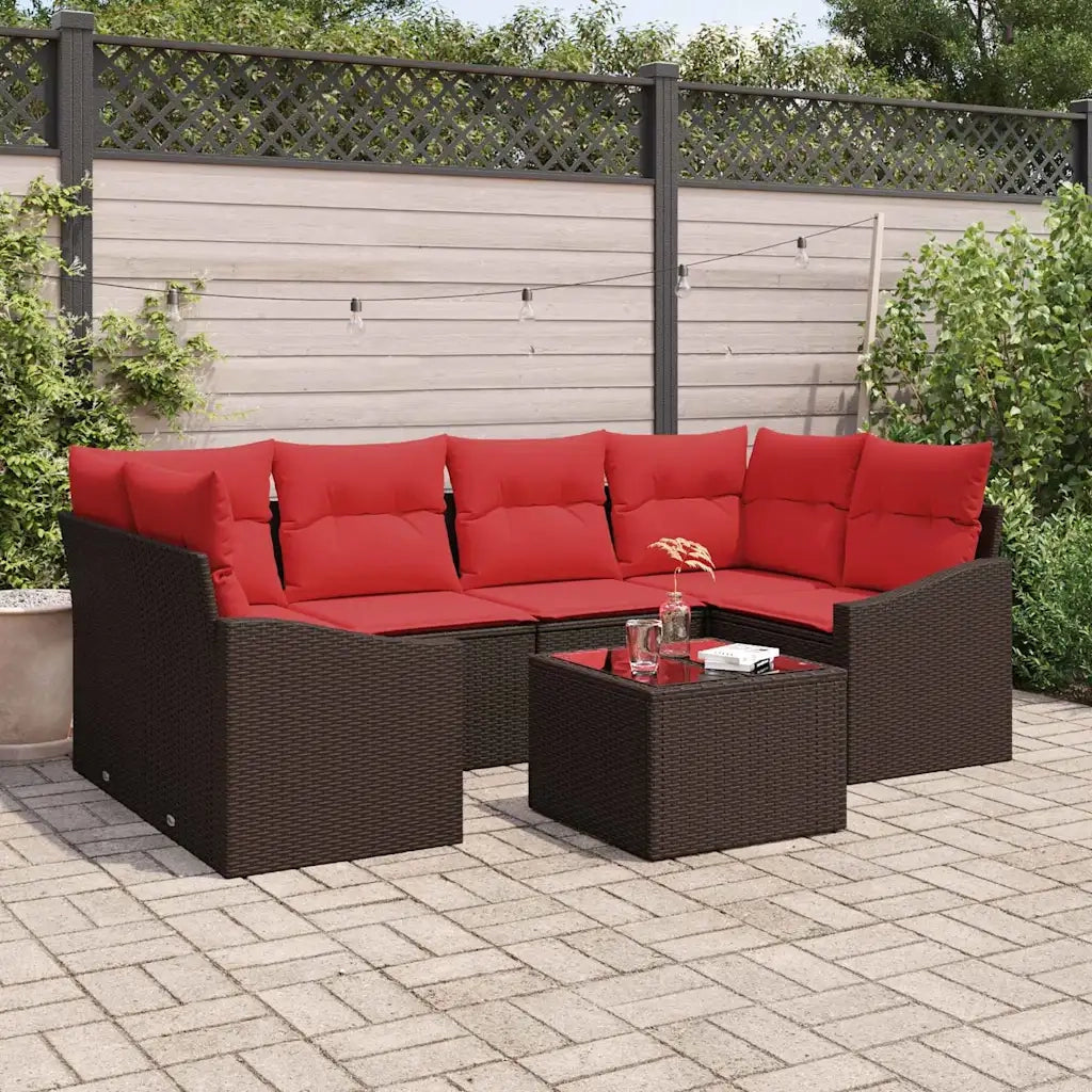Set di divani 7 pz 3-Numero di posti Marrone e Rosso polyrattan 3346624