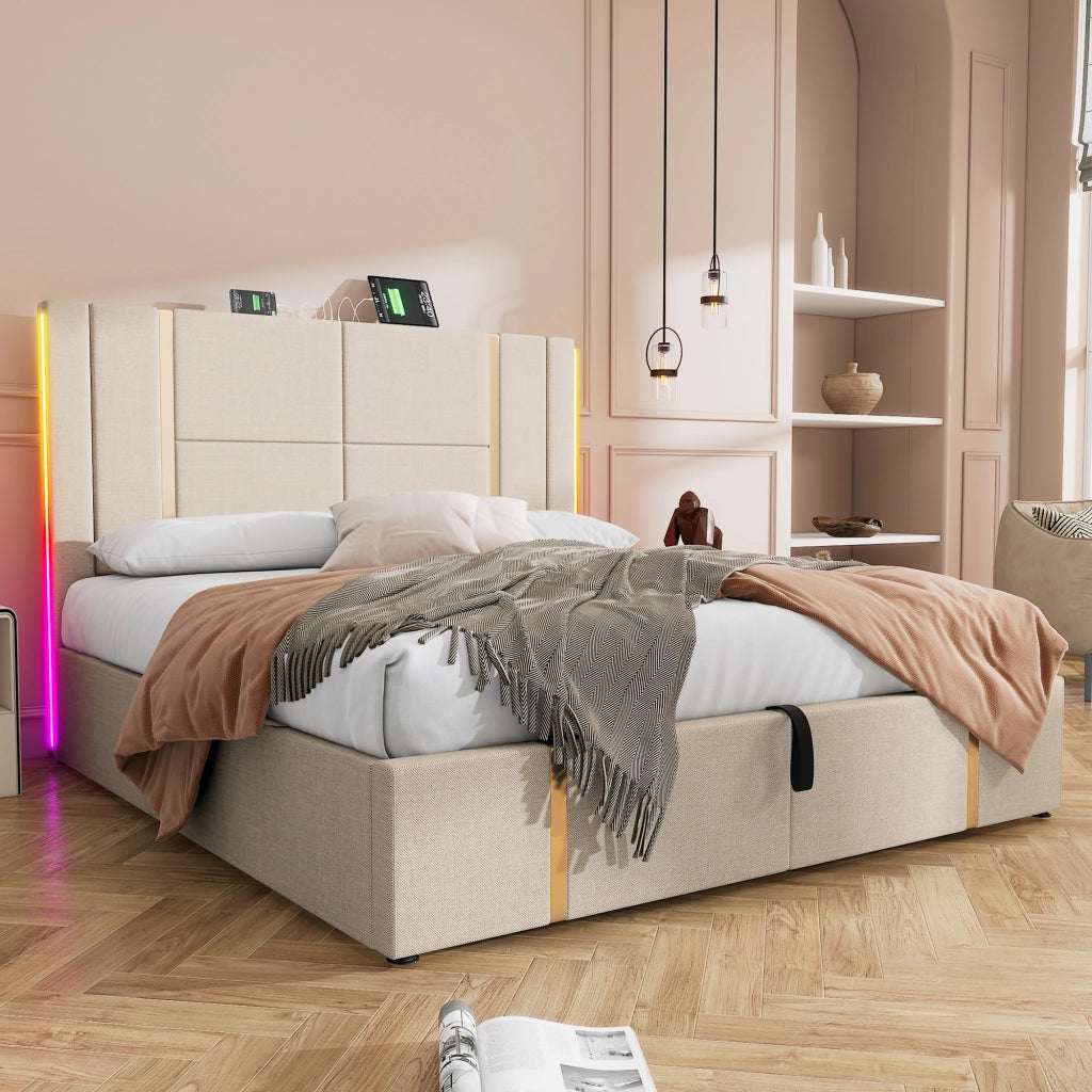 LETTO matrimoniale imbottito 140x200 cm Beige in lino con LED e USB Type-C