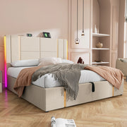 LETTO matrimoniale imbottito 140x200 cm Beige in lino con LED e USB Type-C