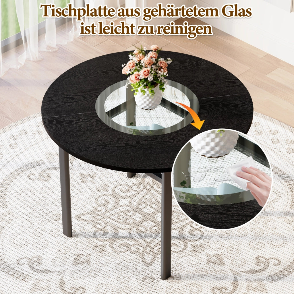 Tavolo da pranzo rotondo per 2-4 persone con inserto in vetro, base in metallo, per soggiorno e cucina, nero, 100 cm