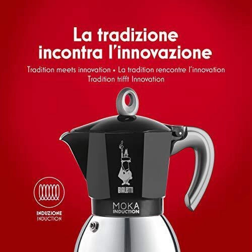 Bialetti 6932 Moka Induction Caffettiera Moka 2 Tazze 100 ml Caldaia Bi-Layer Compatibile Induzione colore Nero