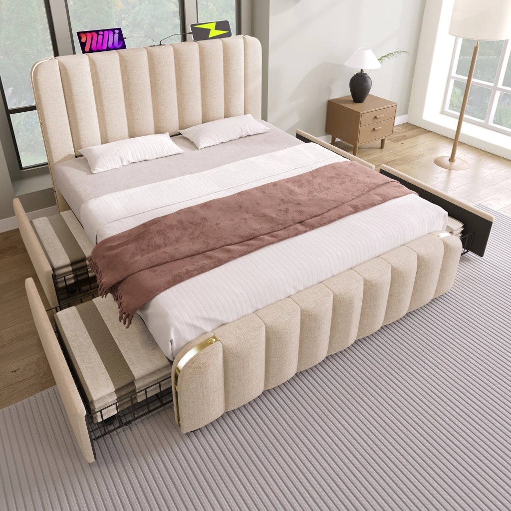 LETTO imbottito 160x200 cm beige con USB e porte Typ-C, 4 cassetti