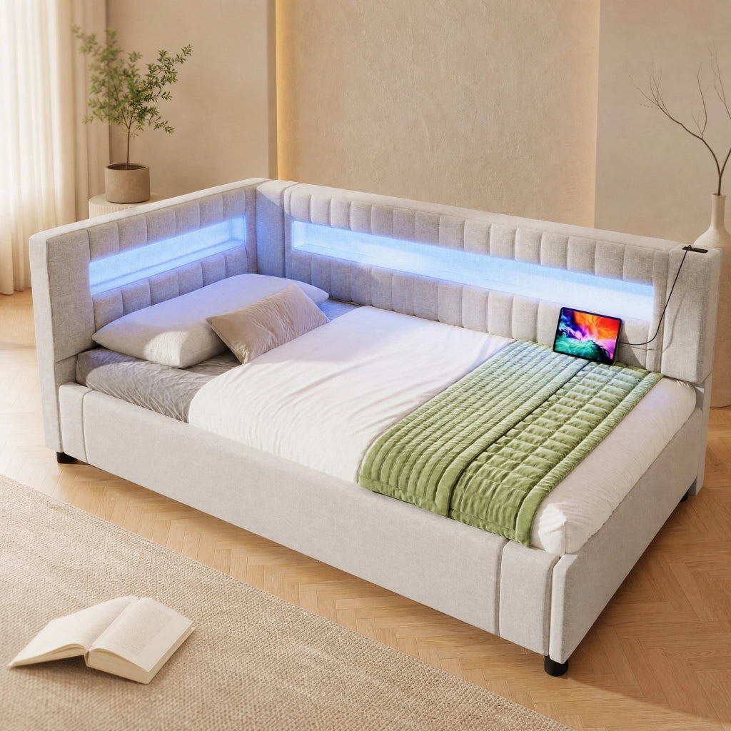 Letto daybed 90x200 cm con LED, contenitore idraulico e porte USB