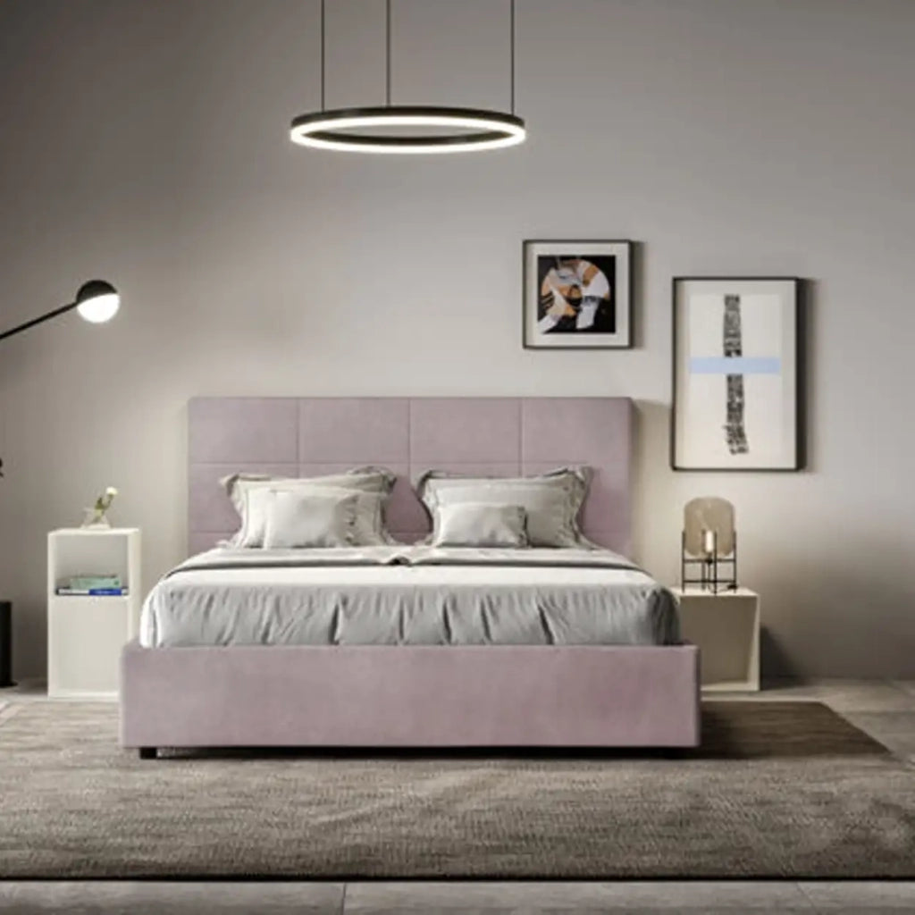 Letto matrimoniale francese con rete imbottito 140x190 microfibra glicine Mika
