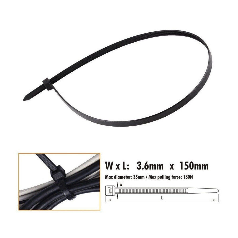 Trade Shop - Set 40 Pz Fascette Cavi Cavo Nero Stringenti In Plastica Nylon 3.6x150 Mm 92380 -