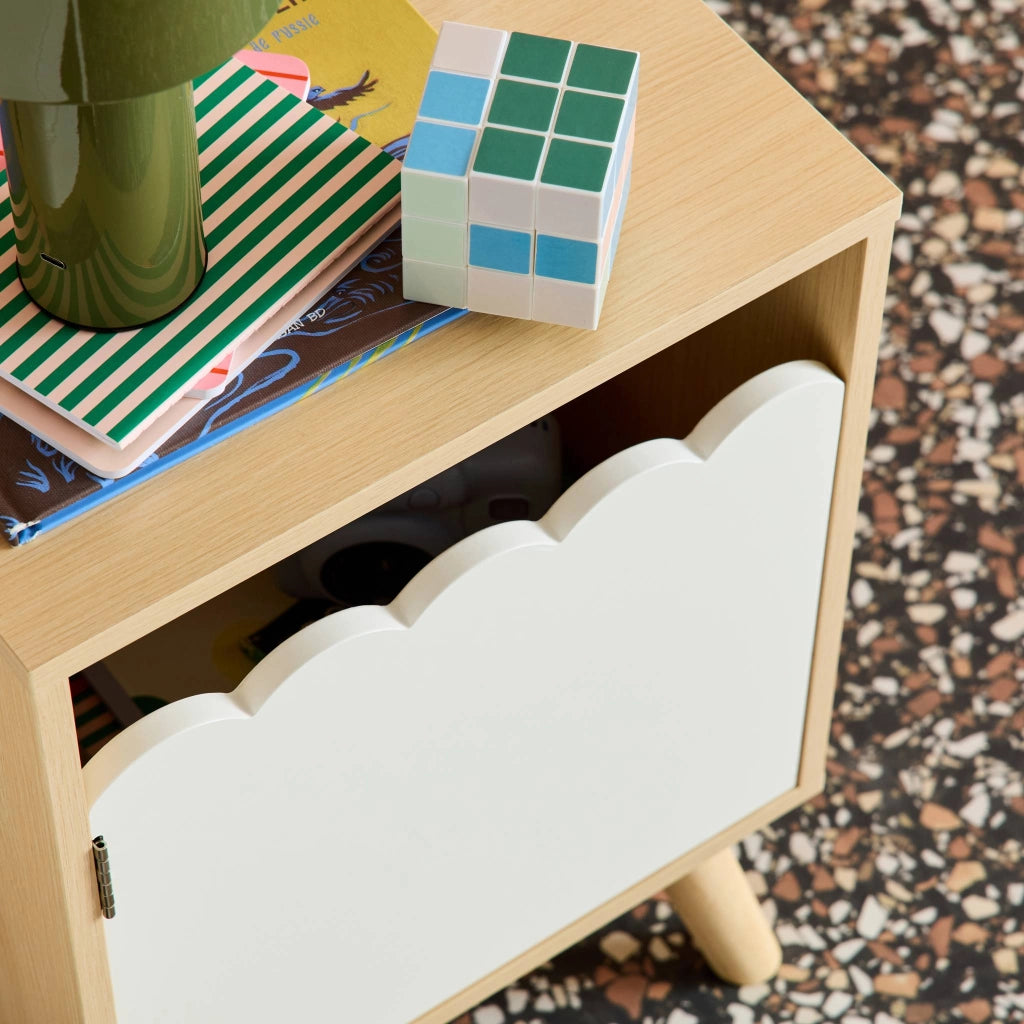 Comodino per bambini decorazione legno 1 anta, bianco