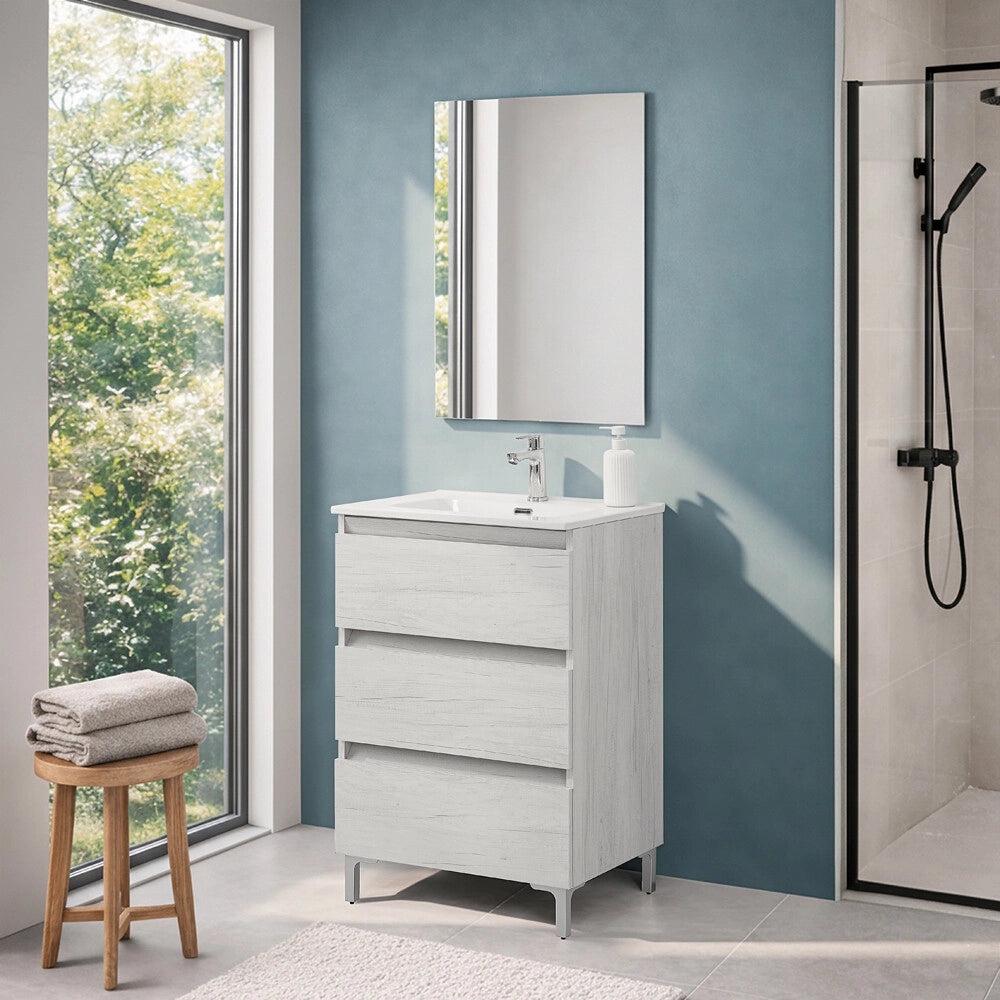 Mobile bagno a terra 60 cm in quercia bianca con lavabo e specchio Leda