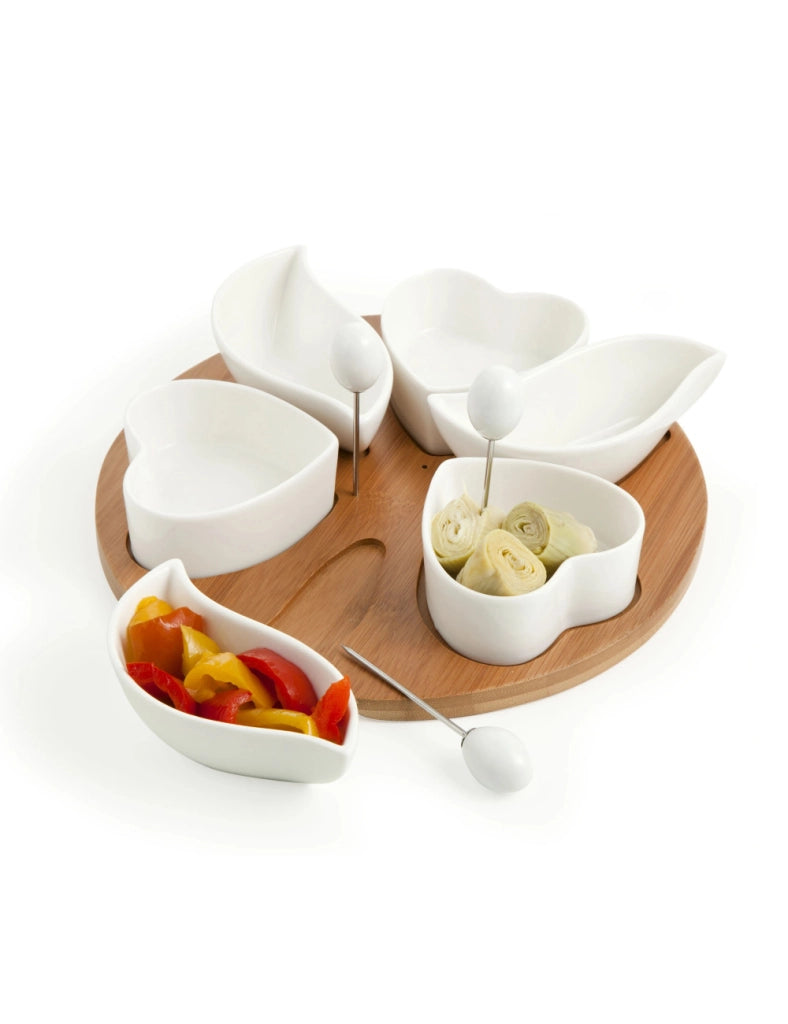 Antipastiera cupido porxel bianca  bamboo con tre forch inox