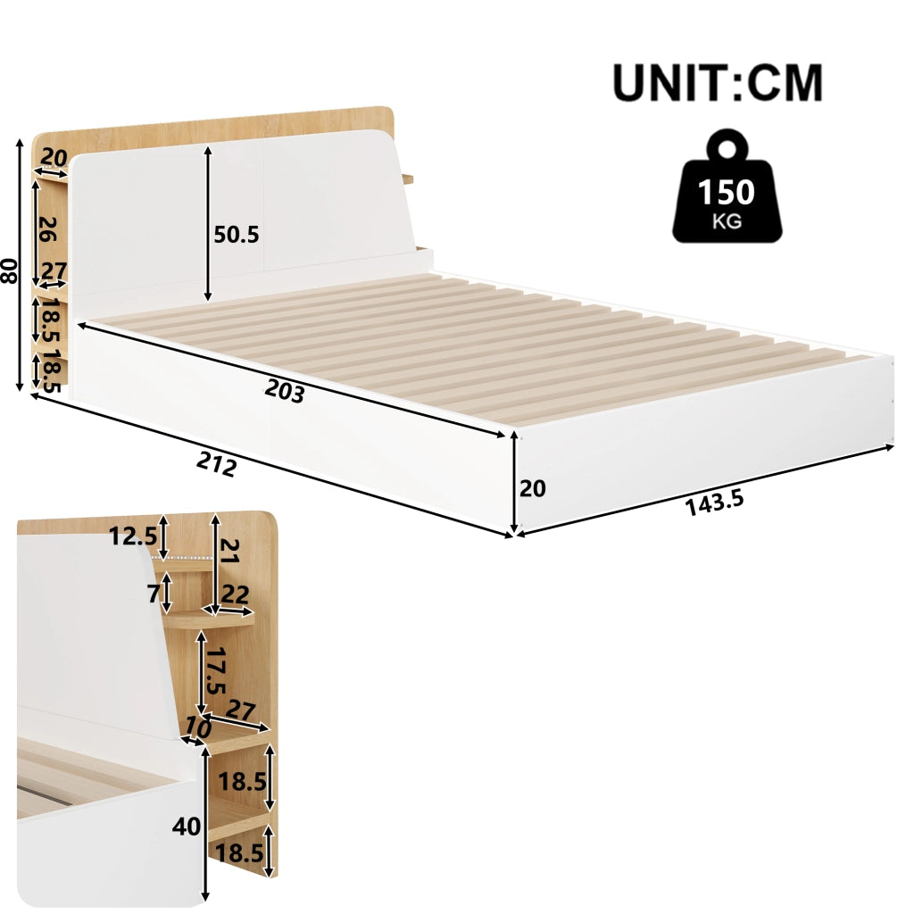Letto Contenitore con LED e USB ¨C MINIMAL ¨C 140x200, Bianco e Naturale