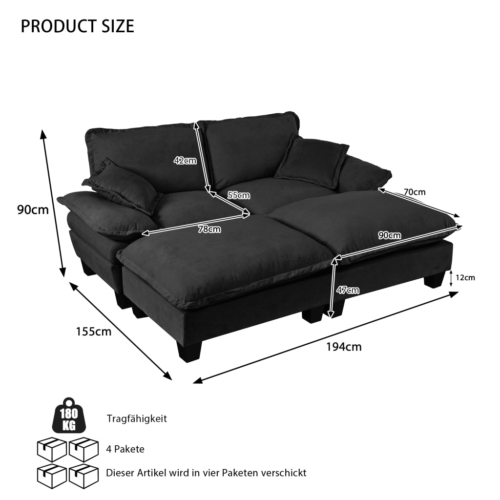 Divano Angolare Modulare 2 Pouf 2 Cuscini in Chenille Nero 194 × 151 × 90 cm