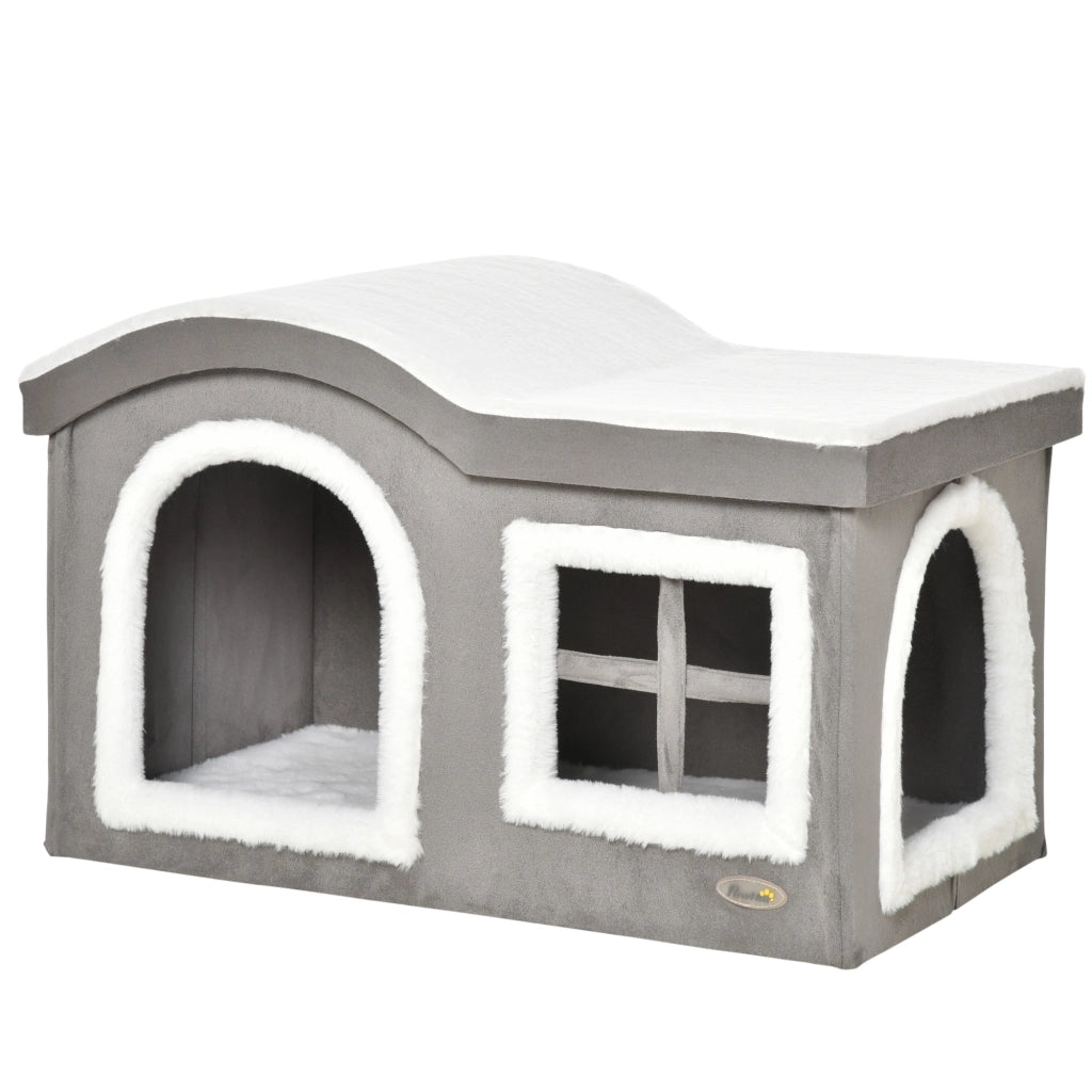 Casetta per Gatti da Interno con 2 Entrate e Finestra. Cuscino e Base Antiscivolo. 63.5x37x40cm. Grigio