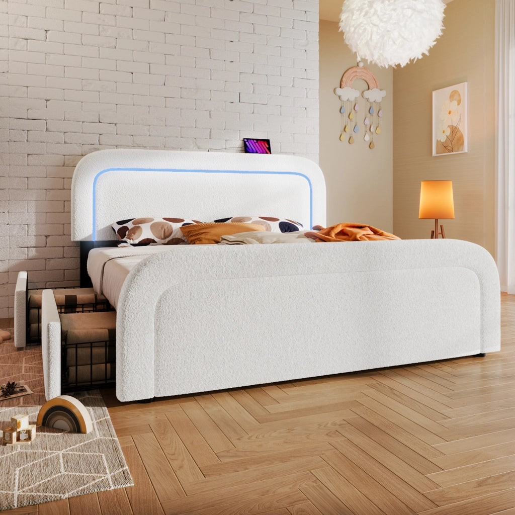 LETTO imbottito con USB Type-C, LED e 4 cassetti 140x200 cm Sherpa bianco