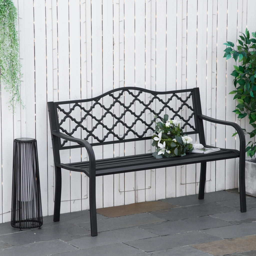 Panchina da Giardino 2 Posti ¨C Xylo ¨C Acciaio e Ghisa Nero con Braccioli 128x58.5x89cm