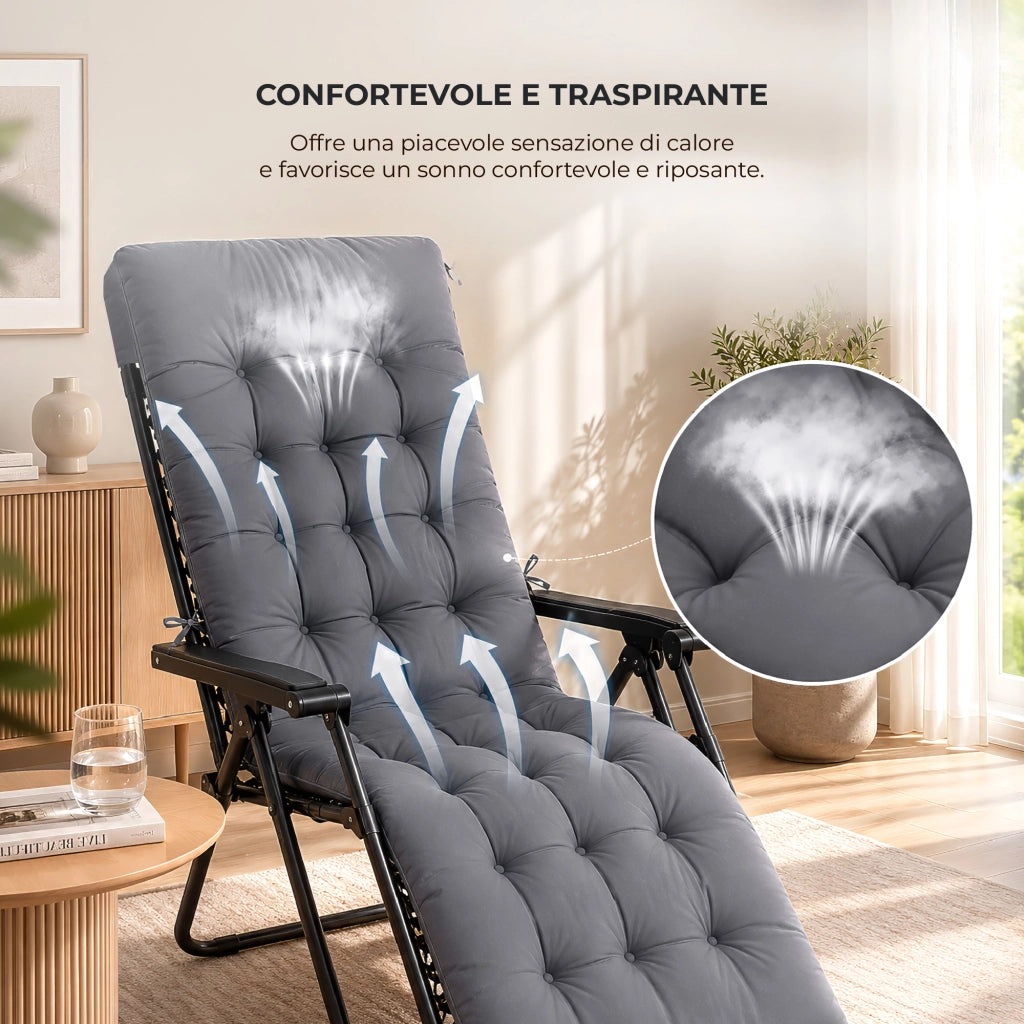 Cuscino Imbottito Universale per Sedia Relax Zero Gravity e Sdraio 155x55 cm con Laccetti di Fissaggio Grigio